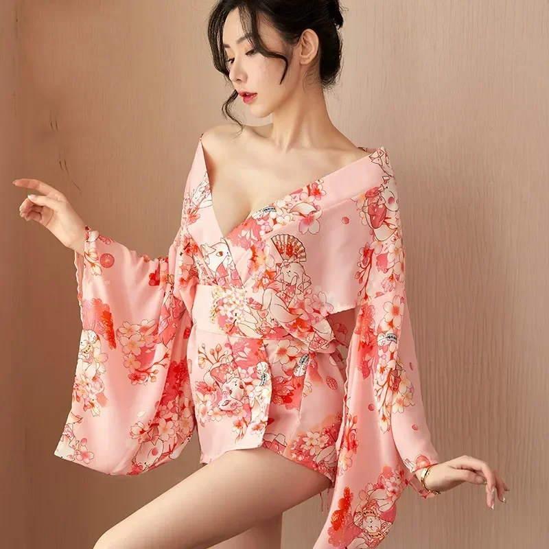 Sexy Japanese Kimono Women Bathrobe Gown Print Flower Mini Yukata Haori Nightgown Intimate Lingerie Chiffon Tunic Kimono Uniform
