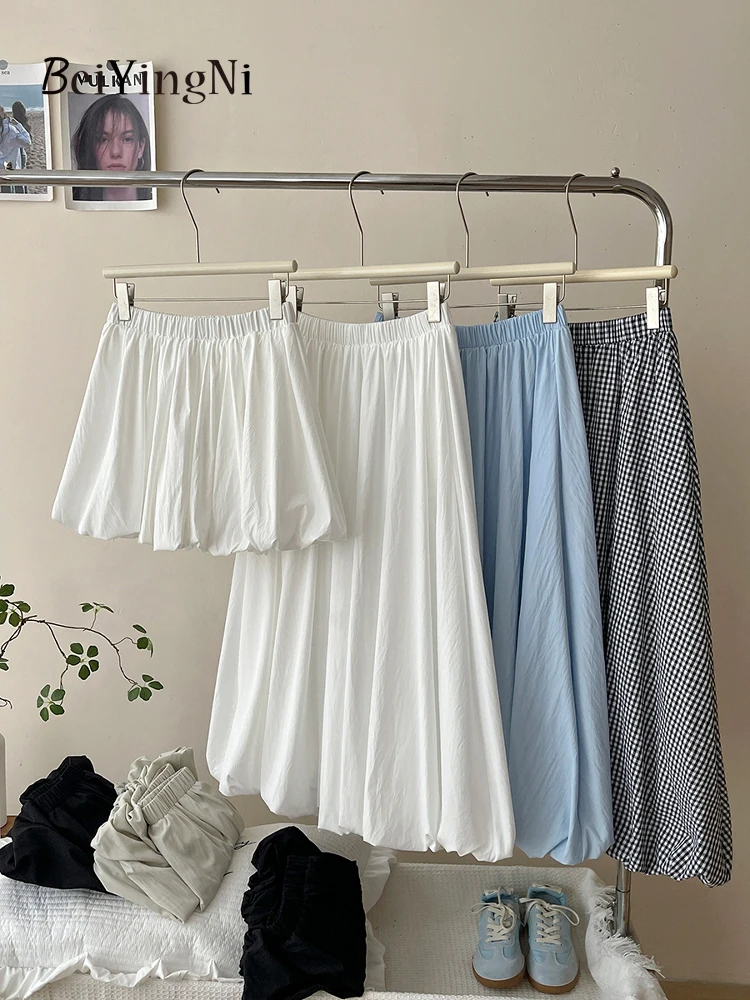 Beiyingni Japanese Style Women's Long Midi Bud Tutu Skirts Plaid Vintage High Street Summer Boho A-line Skirt Female White Jupes