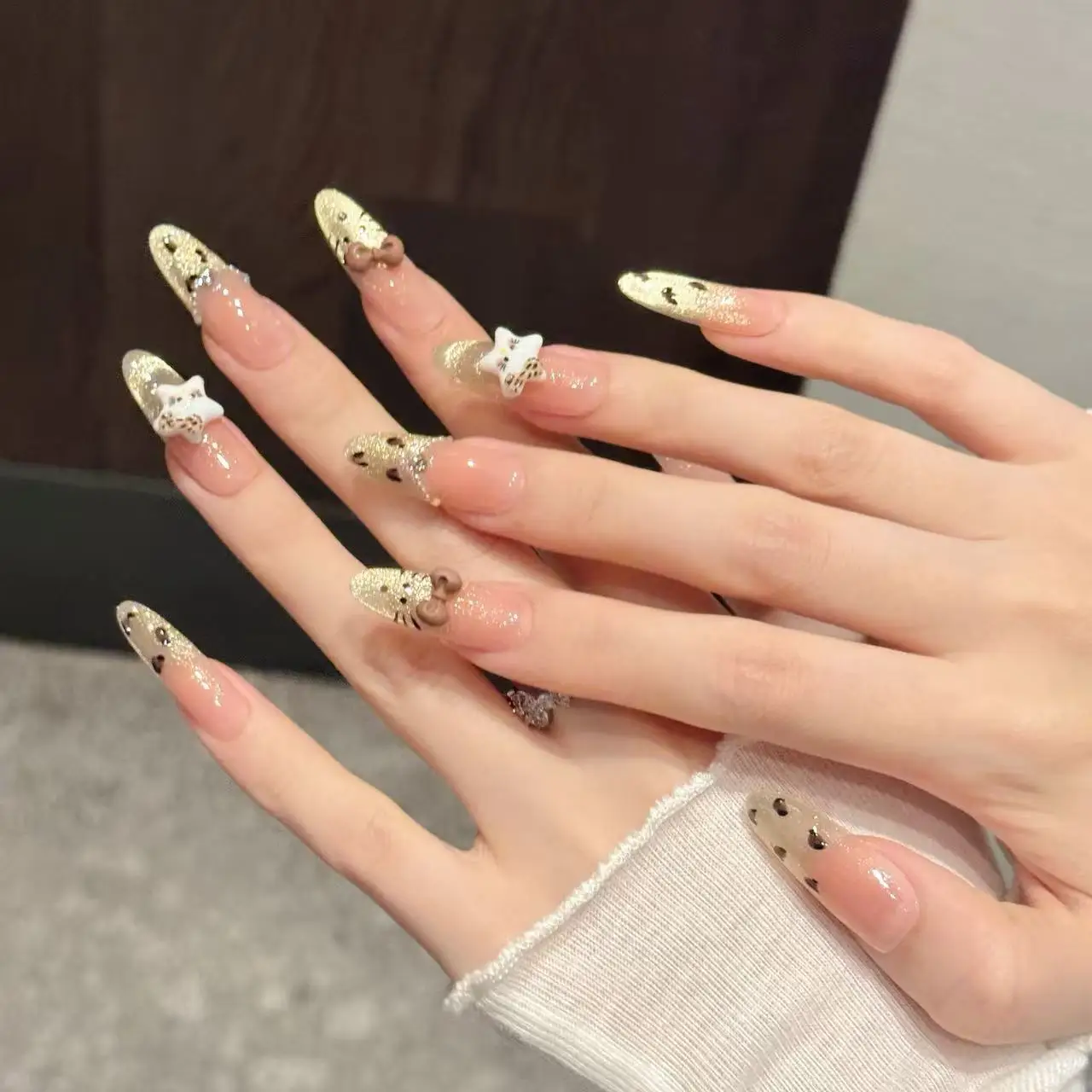 10pcs Pure Hand Pressed Oval Nail Art,Nice Fake Nails,Pink And Golden Cat Eyes With Leopard-print Stars,Sweet,Ideal For Women