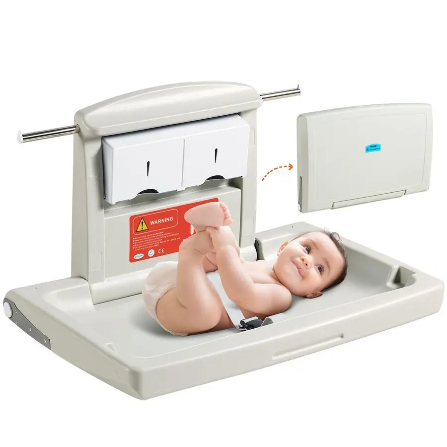 

WallMounted Baby Changing Station, Horizontal Foldable Diaper Change Table with Safety Straps and Hanging Rods, Use in Commercia