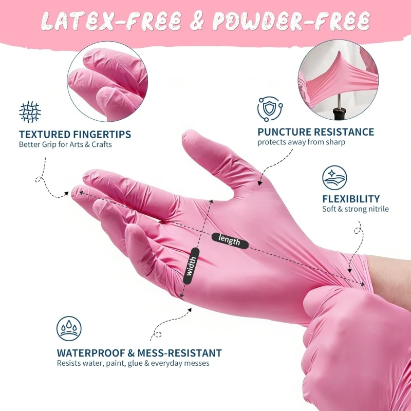 Kids Pink Disposable Nitrile Gloves for Ages 4-12 XSmall Powder Latex Free Child Work Gloves for Painting Crafting Yard Festival