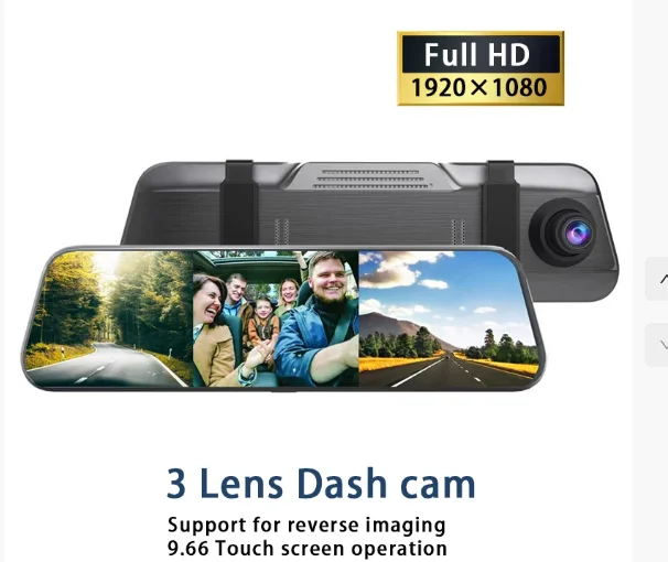 

10 Inch Touch Screen Auto Car DVR Rear View Mirror Video Recorder Dash Cam Front and Rear 3 Cameras Lens Full HD Car Camera