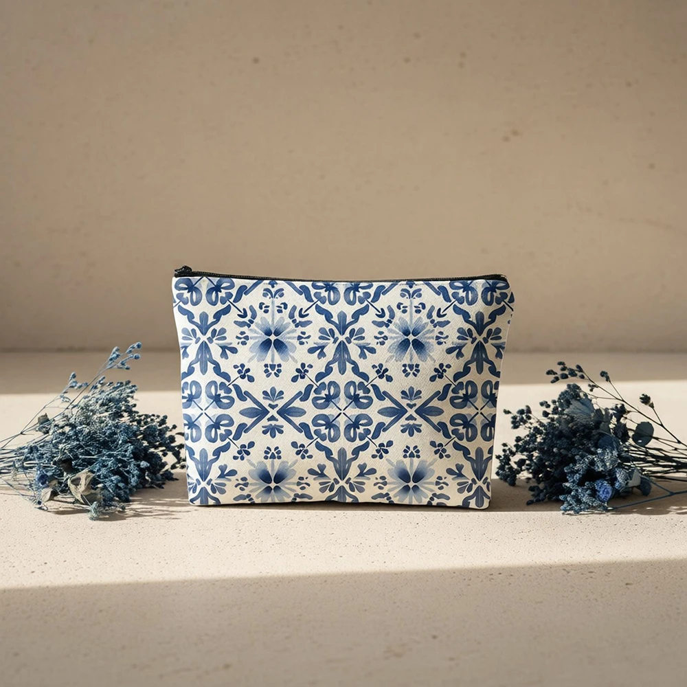 1pc  Blue Porcelain Tile Print Makeup Bag, Portable Travel Cosmetic Pouch Toiletry Organizer