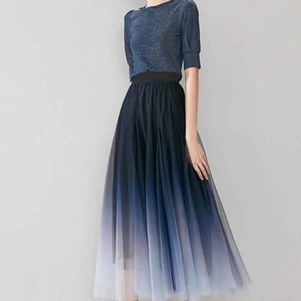 

Women Skirt Elegant Tulle Maxi Skirt Gradient Color High Waist Pleated Skirt Elastic Waist Loose Casual A Line Skirt