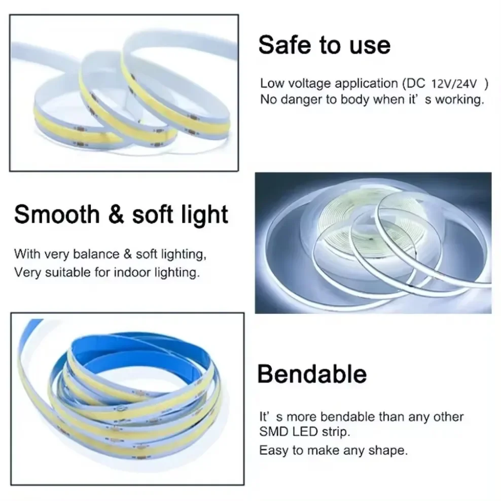 COB LED Strip FOB LED Lights 8MM High Density Soft Flexible Neon Tape Light Lamp DC12V/24V For Room Bedroom Decor 3000K To 6500K