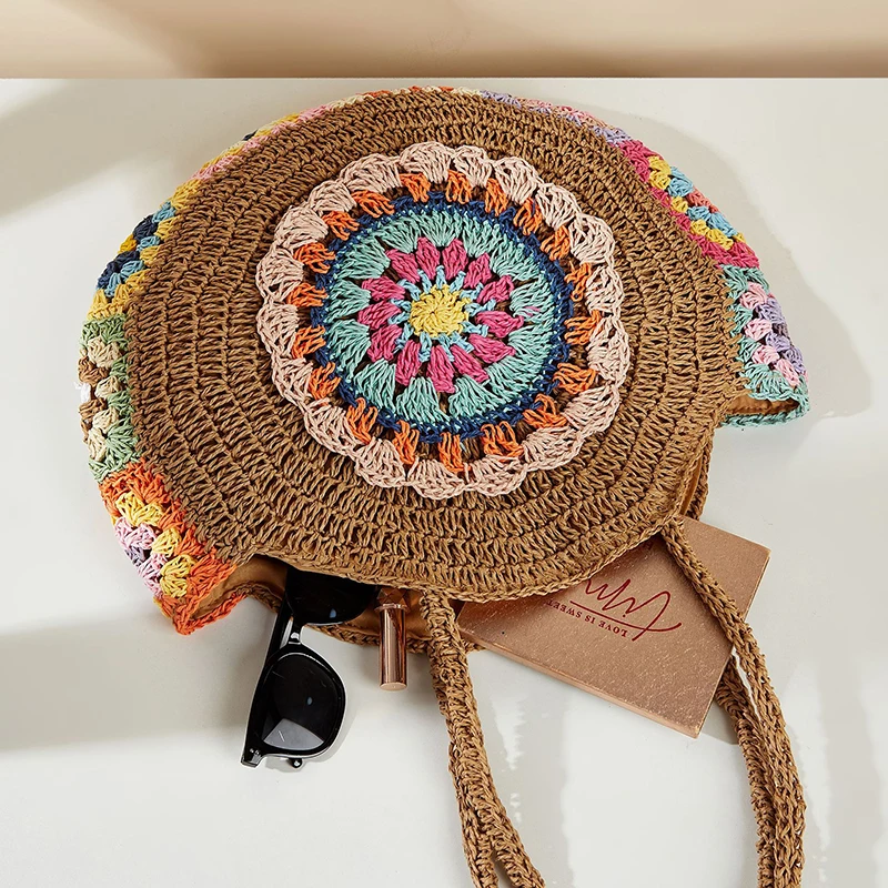 Ethnic Style Round Straw Weaving Fashion Shoulder Bag Summer Handmade Woven Beach Underarm Bags Women\'s Large Capacity Tote Bag