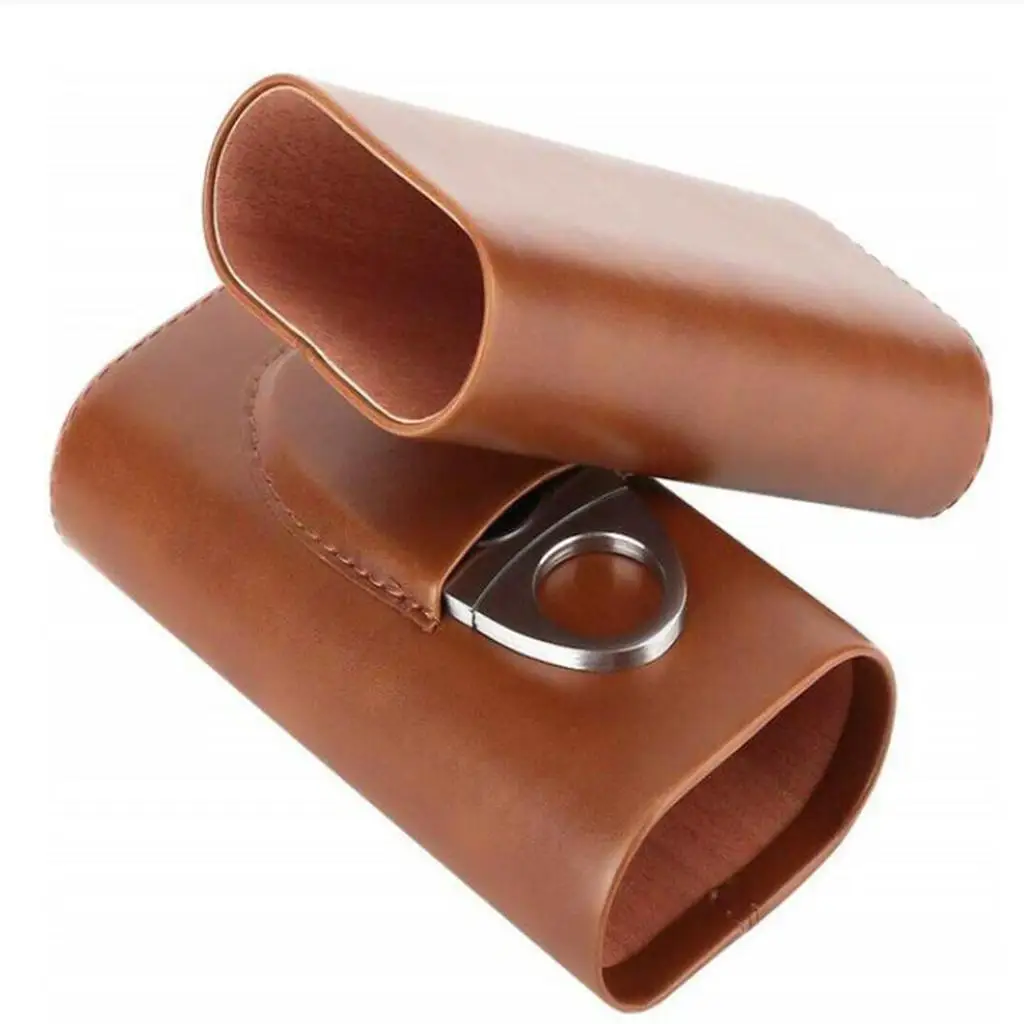 Leather Cigar Case Tube Travel Holder 3 Tube Cutter Brown