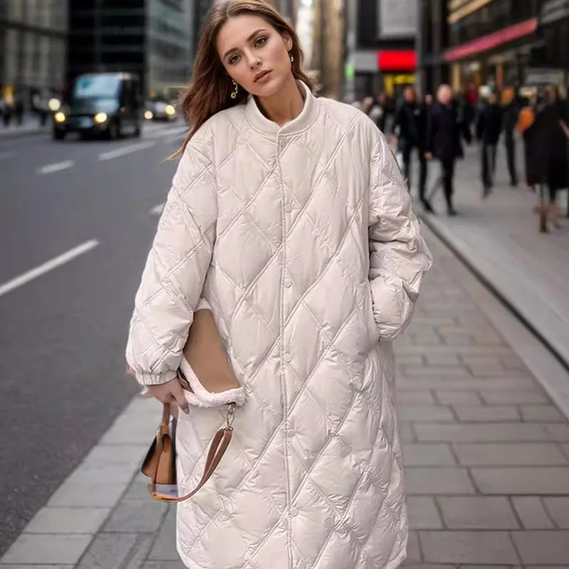 

Design Sense Diamond Grid Medium Long Loose Lady Cotton Jacket 2025 Winter Women's Contrast Hooded Long Parkas Women's Coat