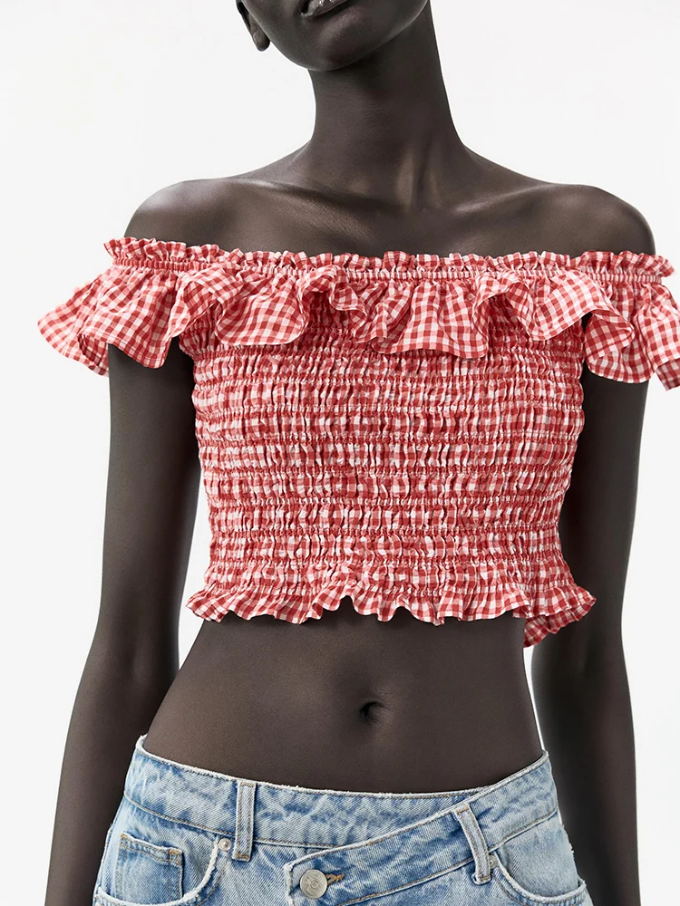 

Faionable Women's ort Top Exposing Belly Button Design Layered Plaid Summer New Arrival Ethnic Stage Costume 2025