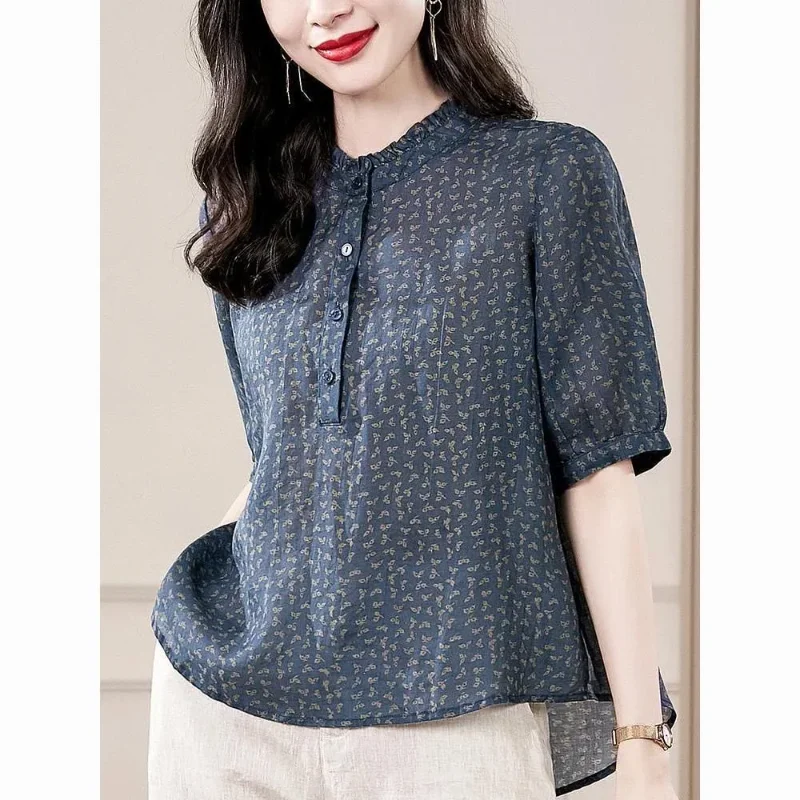 Five Sleeve All Match Retro Shirt for Women's Summer Women's Wear Middle-aged Slimming Floral Elegant Small Shirt Top