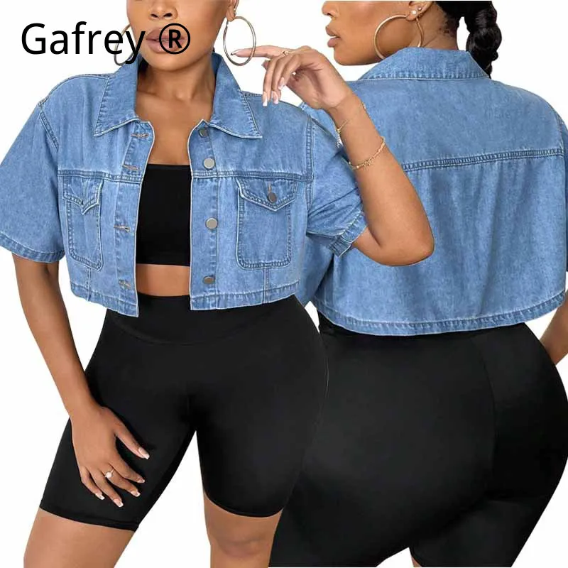 

Plus Size Women Summer Thin Denim Jacket Design Loose Short Jean Shirt Fashion Casual Cropped Denim Coat Streetwear Outerwear