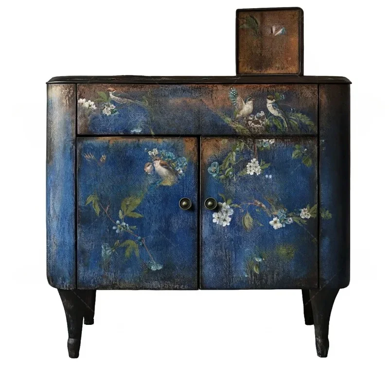 

French retro solid wood painted porch cabinet small apartment living room locker painted decorative cabinet old