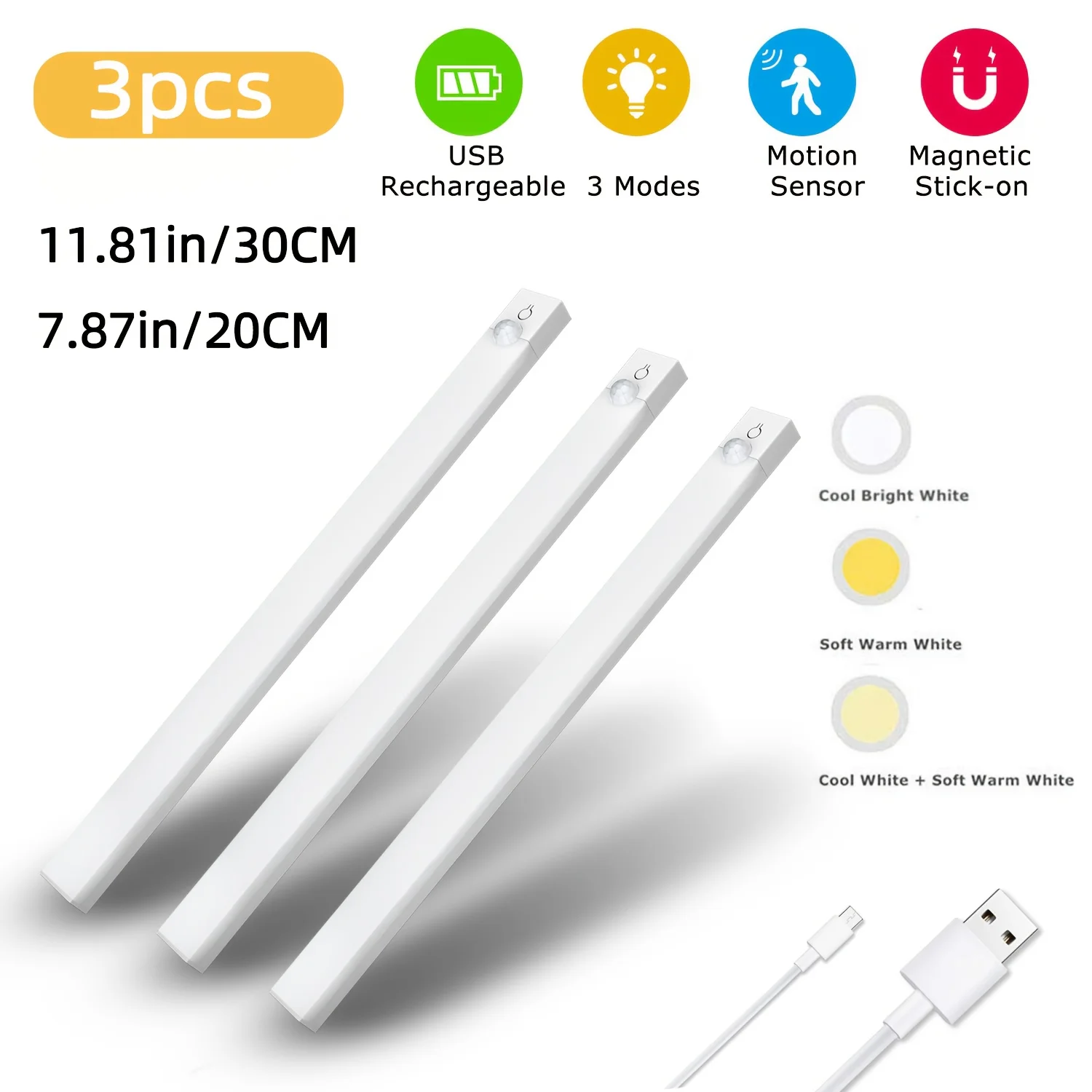 3pcs LED Motion Sensor - Dimmable Cabinet Lights, USB Rechargeable,3Color Modes,Night Light, for Bedroom,Staircase, Kitchen,Room image 2