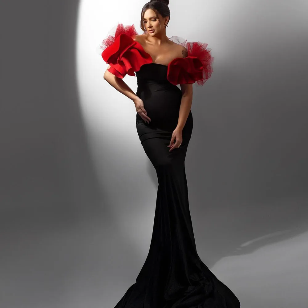 

Elegant High Stretchy Black Mermaid Maternity Dresses With Flower Sleeves Long Robe Women Dress To Photoshoots