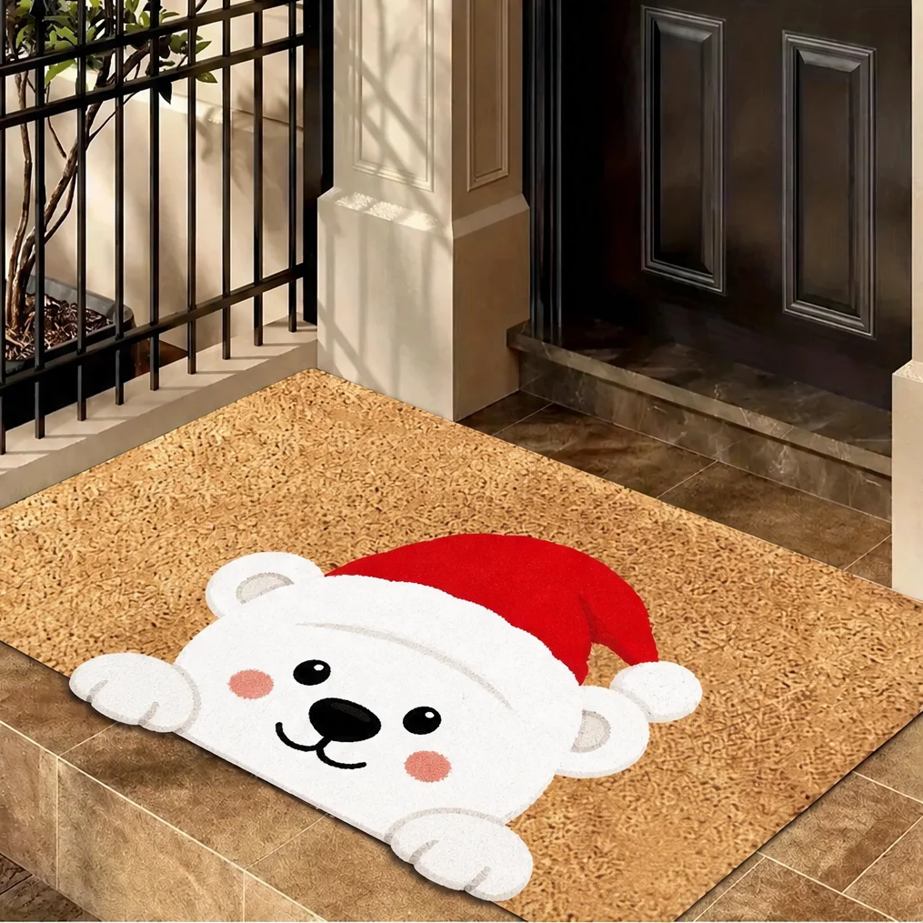 Christmas Reindeer Doormat Front Door Mat Cute Rudolph Red Nose Santa Hat Print Entryway Porch Floor Rug Decor