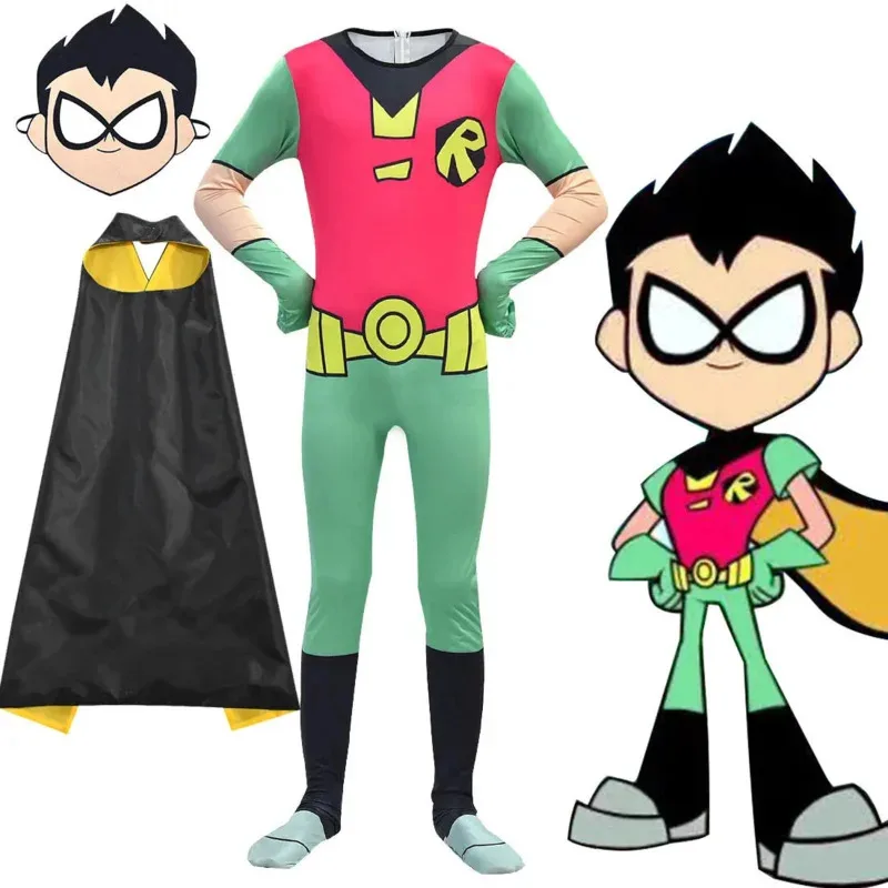 New 2025 Halloween Costumes for Kids Teen Titans Go Robin Cosplay Boys Girls Bodysuit and cloak Cartoon Disfraces Carnival☆★☆★qq