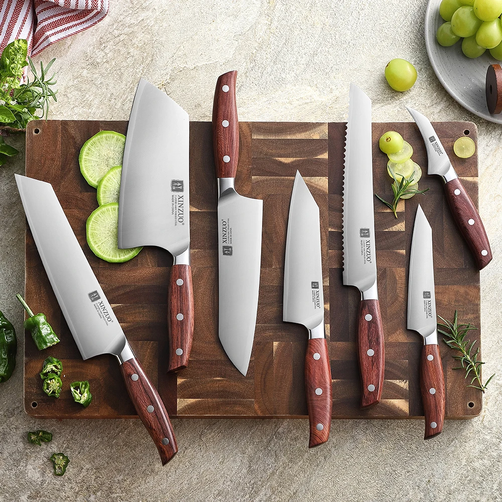 XINZUO 7PCS Kitchen Knife Set 3 Layers 440C Composite Steel Wood Handle Sharp Multipurpose for Meat Vegetable Fish Cutting
