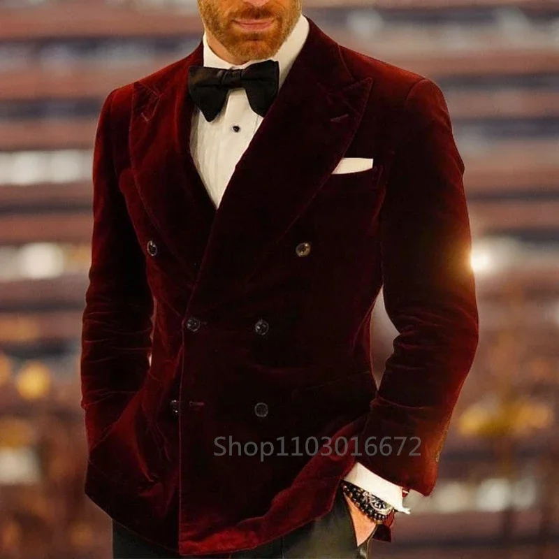 1 Piece Burgundy Velvet Smoking Jacket for Men Double Breasted Peak Lapel Slim Fit Suit Blazer for Prom Party Wedding Coat