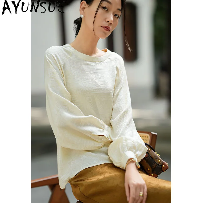 

AYUNSUE 19Momme, блузка из 100% шелка тутового шелкопряда, женская одежда, элегантные блузки, весенние женские топы с длинными рукавами, свободный крой, Blusas Mujer