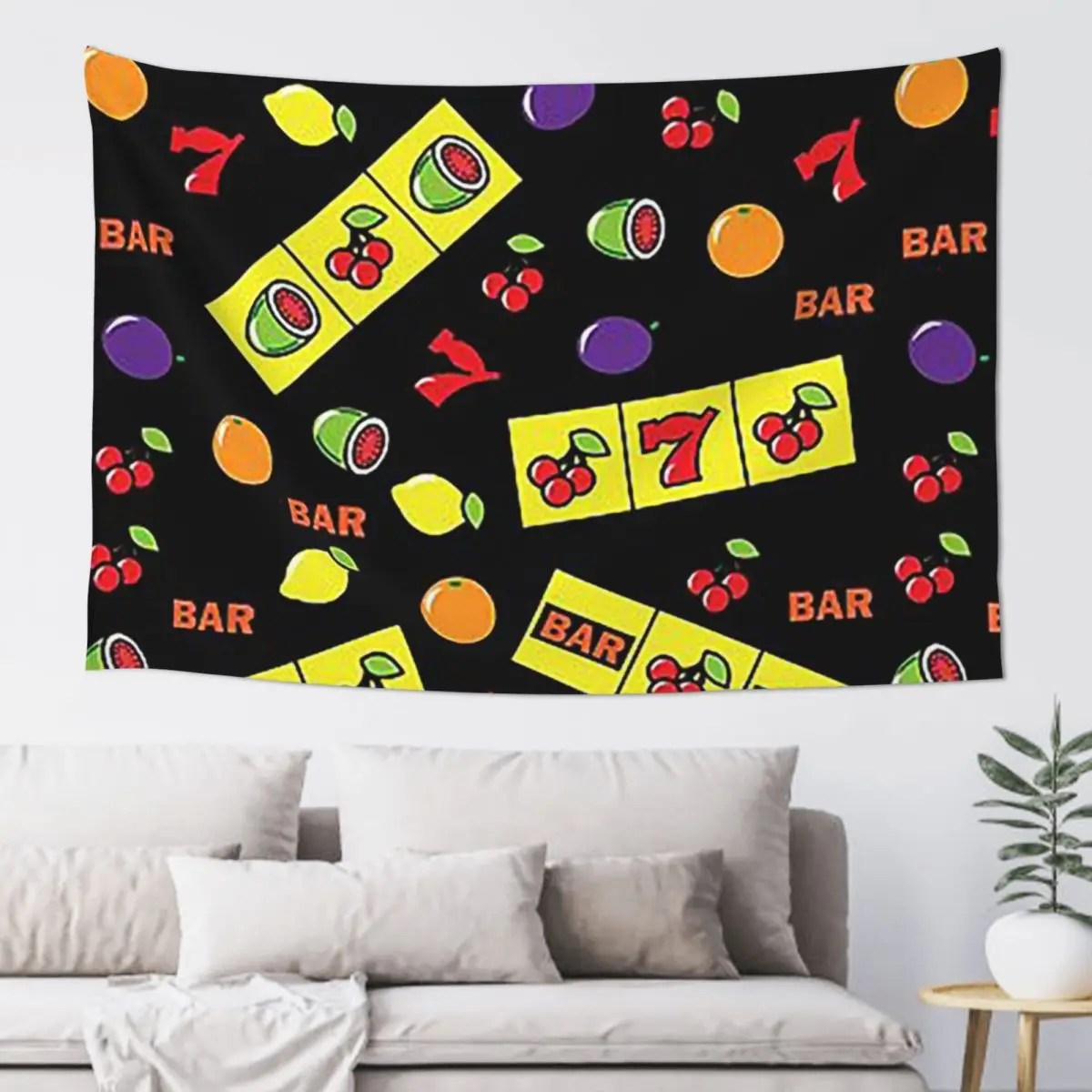 Casino Lucky Slots Cherry Melon Lemon Fruit Tapestry Art Wall Hanging Aesthetic Home Decoration Tapestries for Bedroom Dorm Room