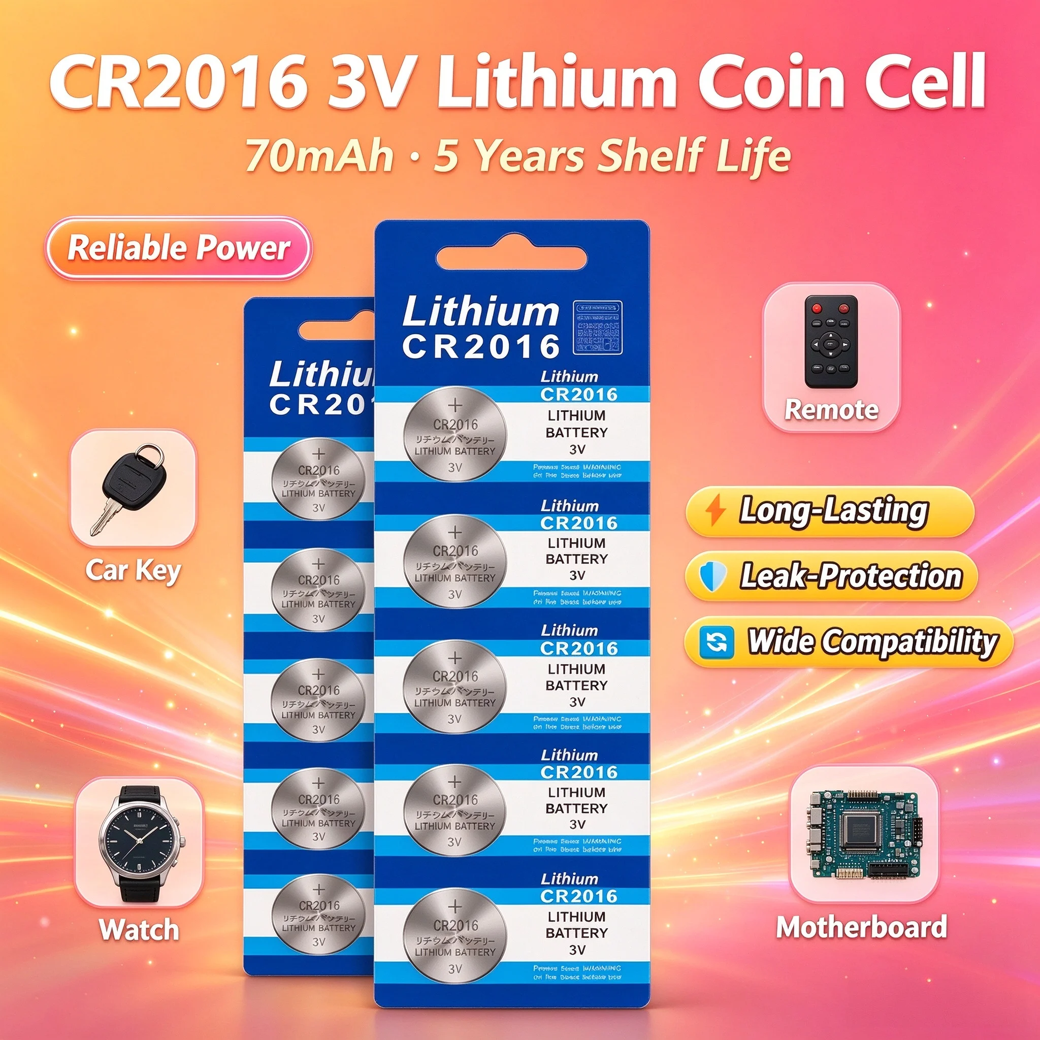 CR2016 3V Lithium Coin Cell Battery, Long Lasting for Car Key Remote Watch Motherboard, Leak Proof, 5 Year Shelf Life