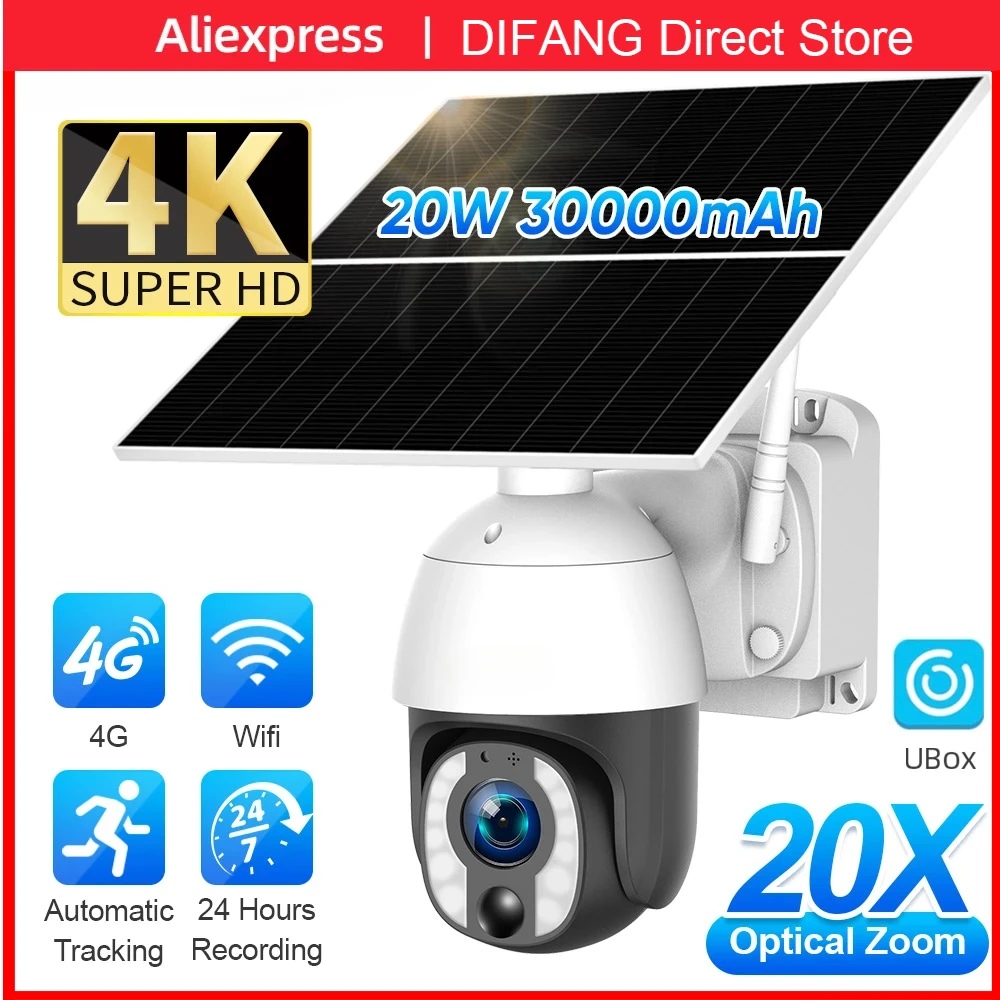 DIFANG 8MP 4K 20X Optical Zoom Solar Camera 4G 24 Hours Recording Auto Tracking 30000mAh Battery Cameras  WiFi Solar Panel CCTV