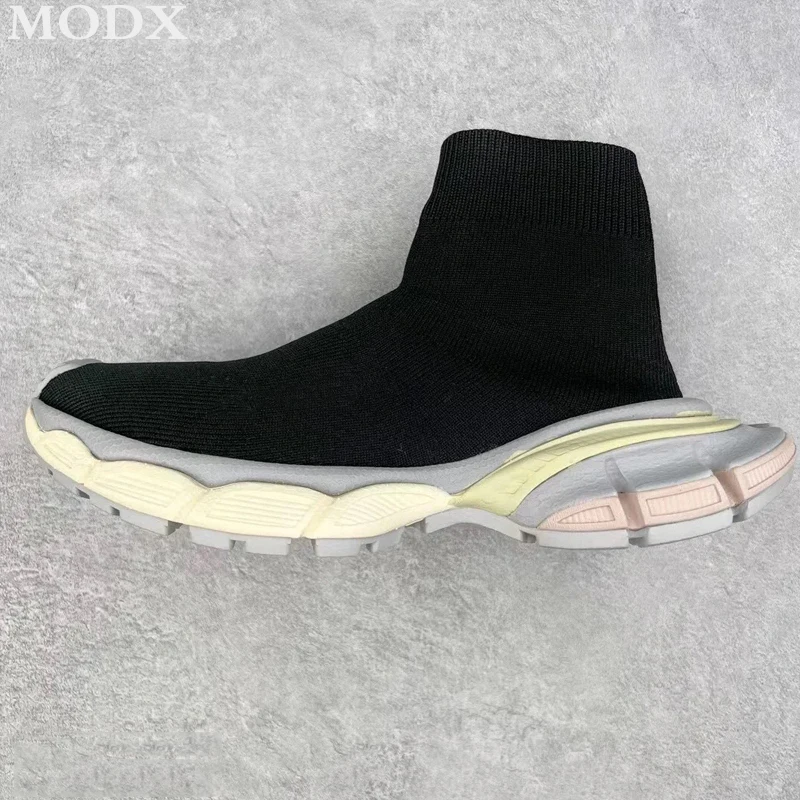 Knitted Chunky Sole Stretch Sneakers Fashion Slip On Casual Couple Sock Boot Height Increasing Breathable Sports Flat Shoe Women