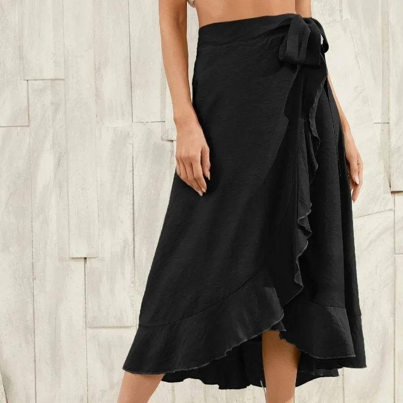 One Tier Asymmetrical Hem Midi Skirt Adjustable Waist Lightweight Long Skirt Women Minimalist Solid Color Beach to Street Skirt