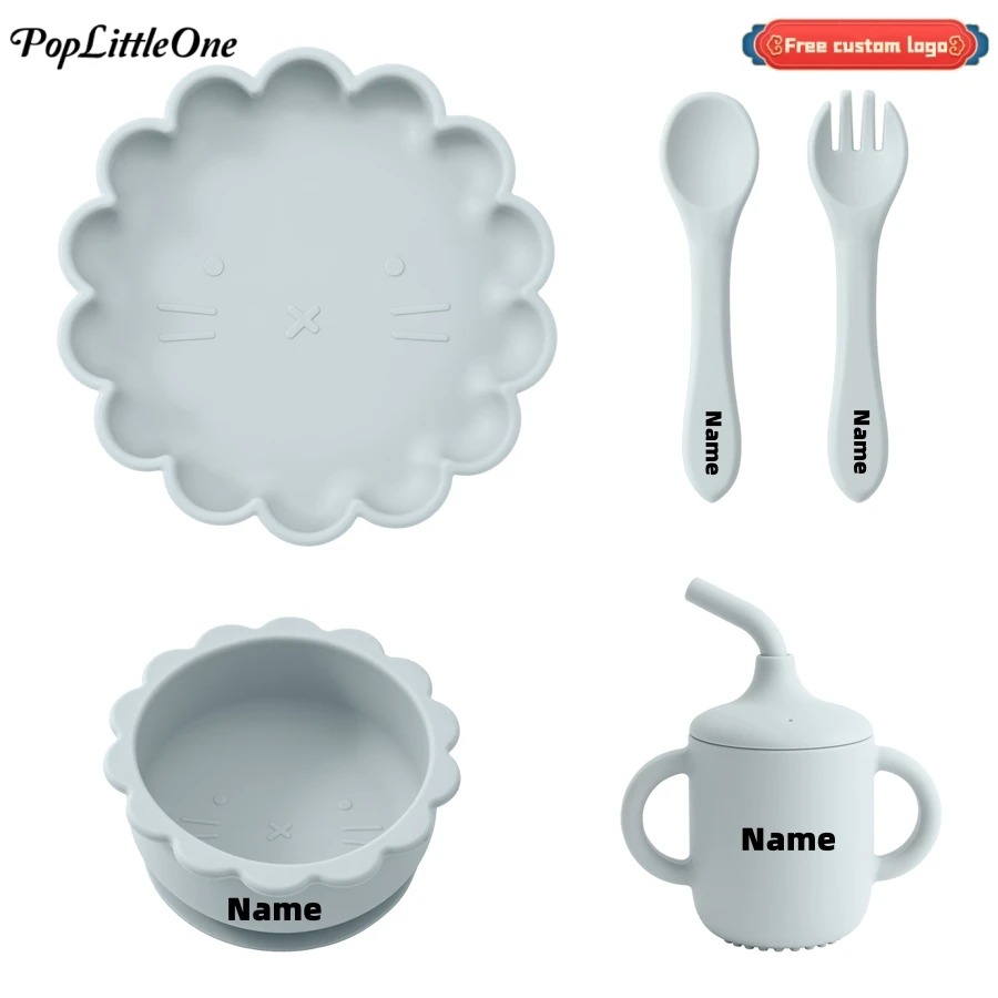 

Customized Name 5PCS Silicone Feeding Set Cartoon Shape Sucker Bowl Plate Soft Spoon Fork Portable Cup Training Baby Dinner Set