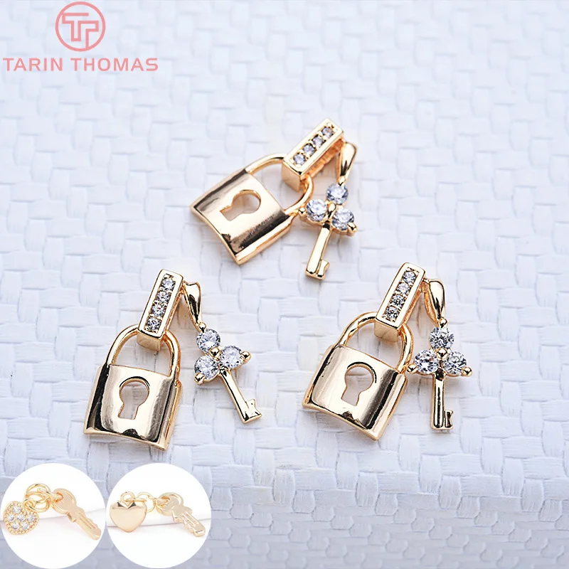 (1358)4PCS 8x14MM 24K Gold Color Plated Brass with Zircon Heart and Key Charms Pendants High Quality Diy Jewelry Accessories