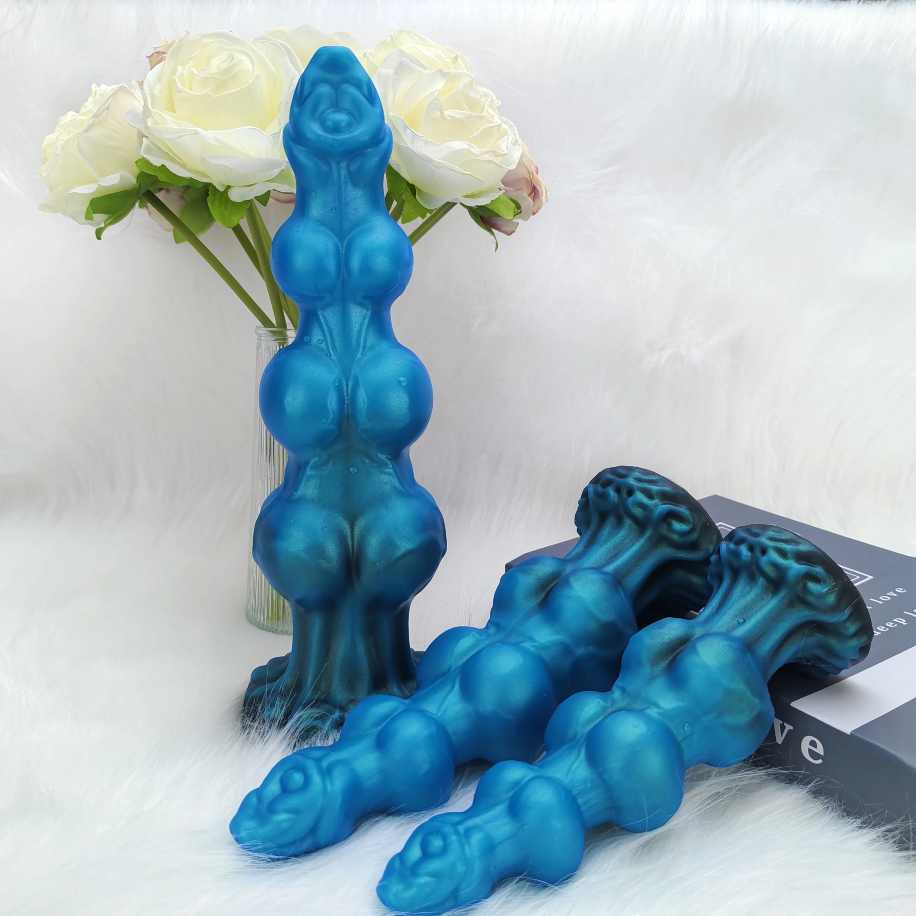 1 Piece Blue Black Gourd Egg Monster Fantasy Dildo - 3 Dog Knots, Wide Cylindrical Anal G-Spot, Large Sucker, Liquid Silicone, A view 5