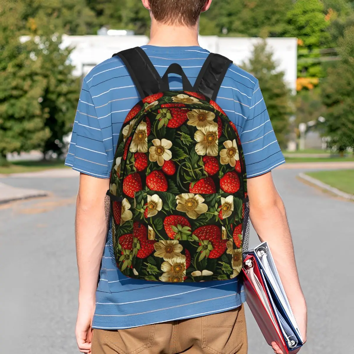 Fresh Strawberry Floral Pattern Backpack Student Boys Girls BookBag Men Women School Bag Computer Shoulder Bags