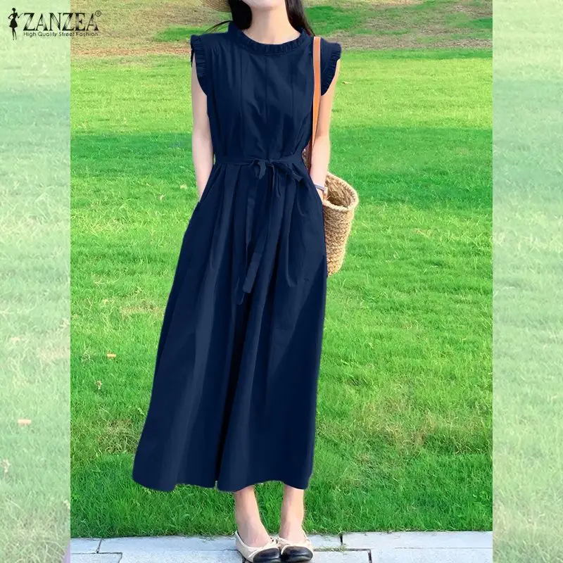 

Летний сарафан ZANZEA 2026: Стильное однотонное повседневное платье А-силуэта с оборками для женщин, элегантное, свободное, для отпуска и работы