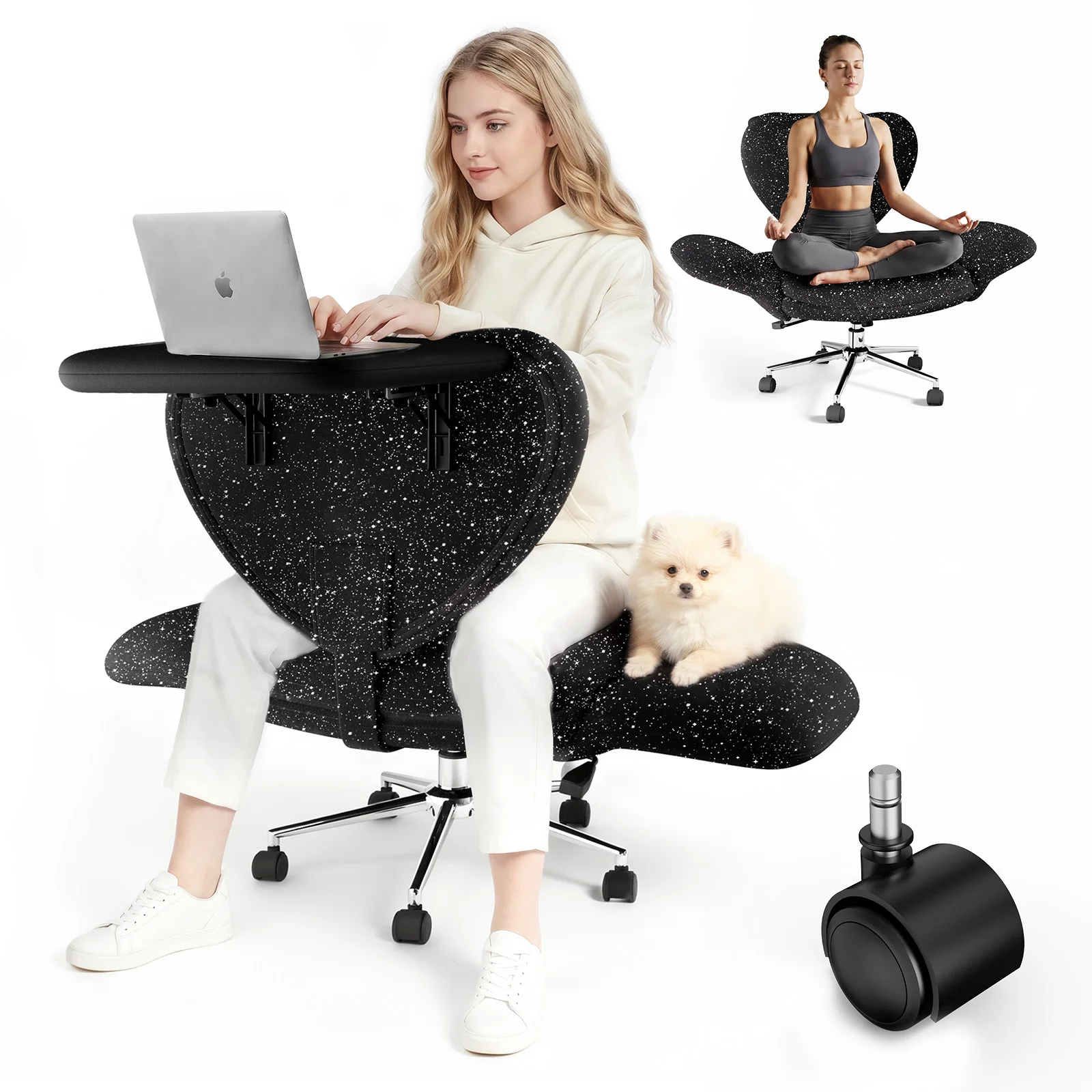 Image of Ergonomischer Bürostuhl von Patberla mit klappbarer Tischplatte, breiter Schreibtischstuhl mit 5-fach verstellbaren Armlehnen, höhenverstellbarer Sitz mit gekreuzten Beinen, Computerstuhl