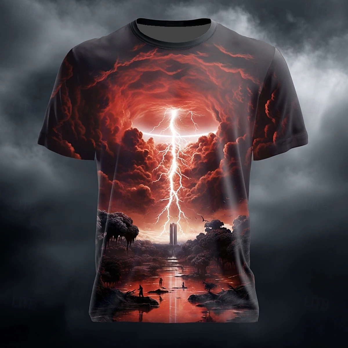 Men's T‑Shirt Summer Versatile 3D Lightning Print New Round Neck Fashion Street Casual Short Sleeve Top