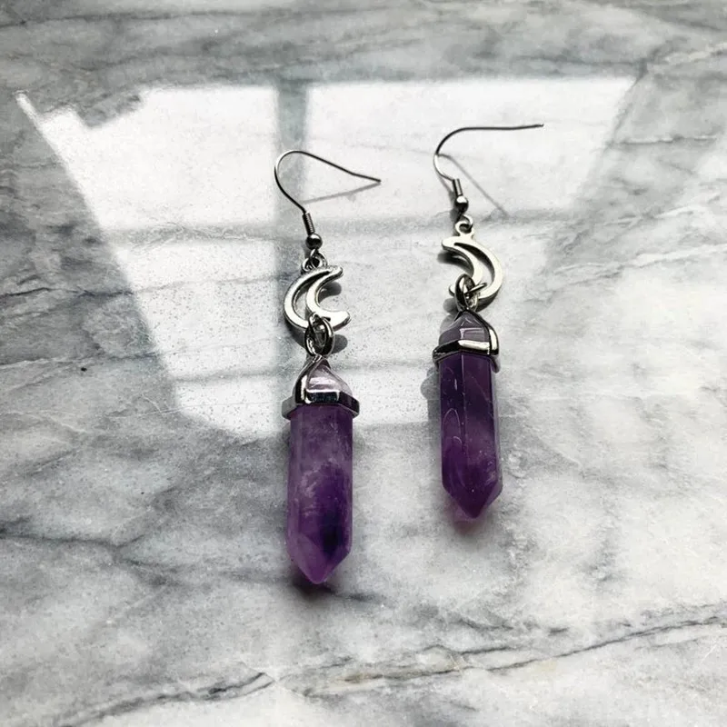 

New Charm Natural Amethyst Moon Earrings Gothic Jewelry Fashion Pendant