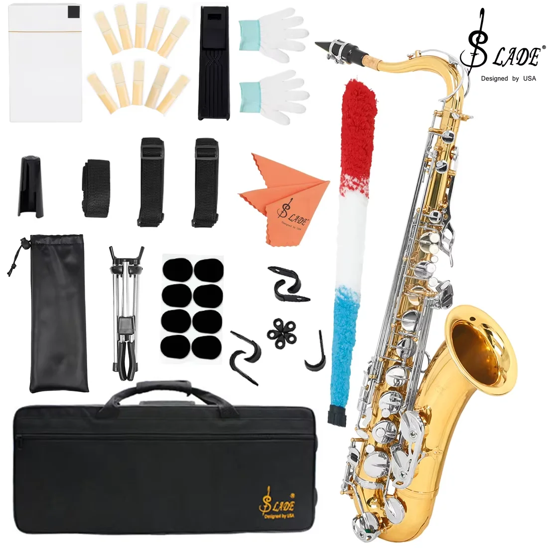 SLADE Bb Tenor Saxophone Golden Silver Key B Flat Tenor Sax Set  with Carrying Case Mouthpiece Cleaning Brush Accessories