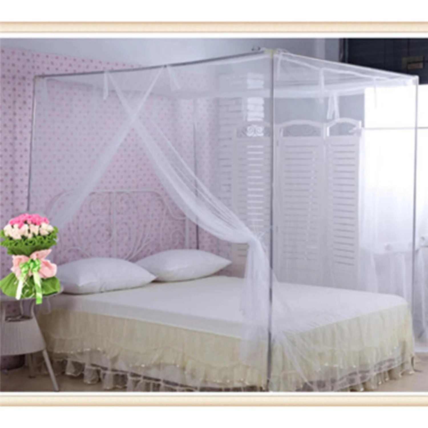 White, Pink, Blue, and Purple Elegant Deluxe Princess Lace Mosquito Insect Netting Full Size Double Bed Canopy - Luxurious Polye