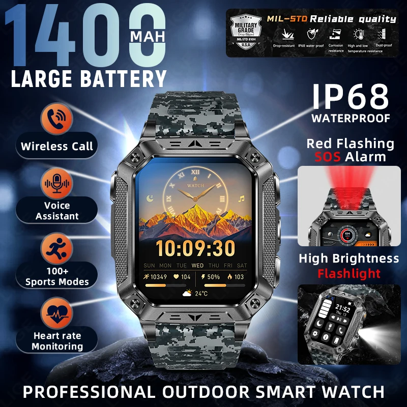 

New Military 1400mAh Battery Smart Watch 2026 Compass Waterproof LED Flashlight Outdoor Sport Fitness Tracker Smartwatch Men SOS