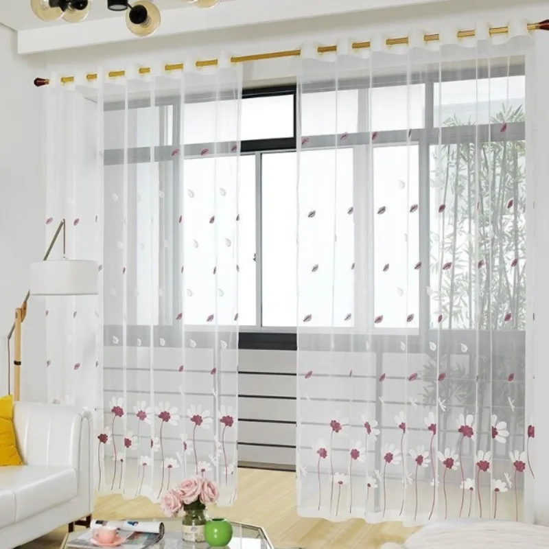 Korean Gentle Style Daisy Embroidery Falling Petals Dragonfly Embroidery Gauze Curtains Living Room Bedroom Balcony Curtains