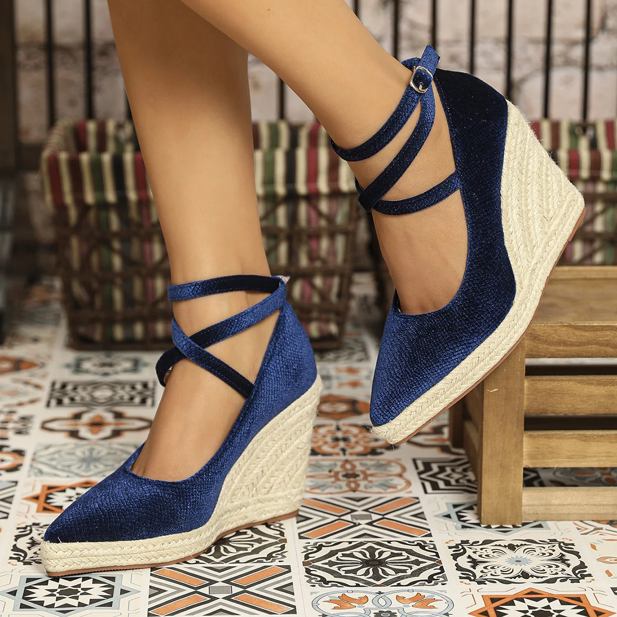 Woman Sexy High Heels Shoes Basketball Platform Pointed Pumps Clogs On A Wedge Crossdressers Straps Thick Beige Toe 3cm Casual