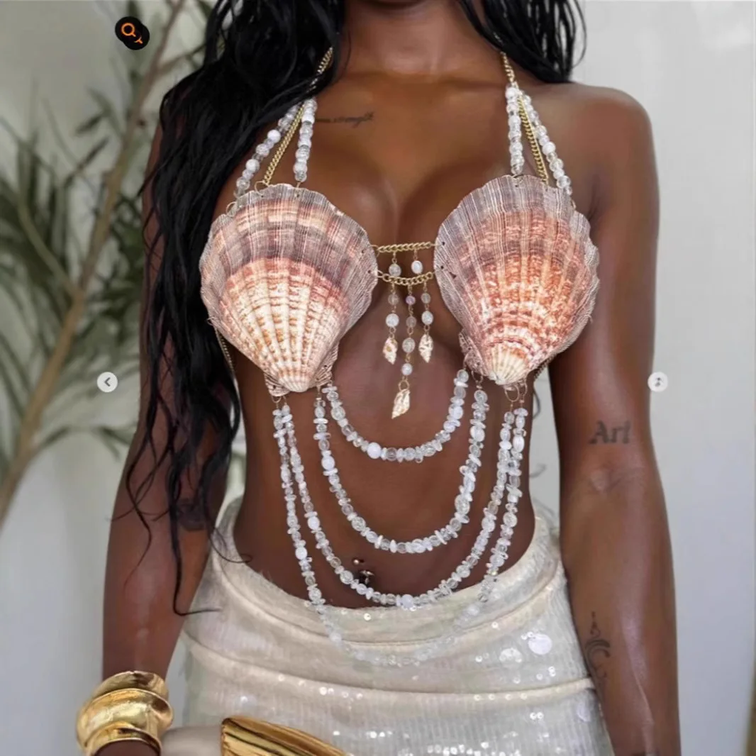Sexy Women Shell Lingerie Tide Temperament Women Hundred Tank Corset Body Chain Hanging Neck Handmade Bikini Top
