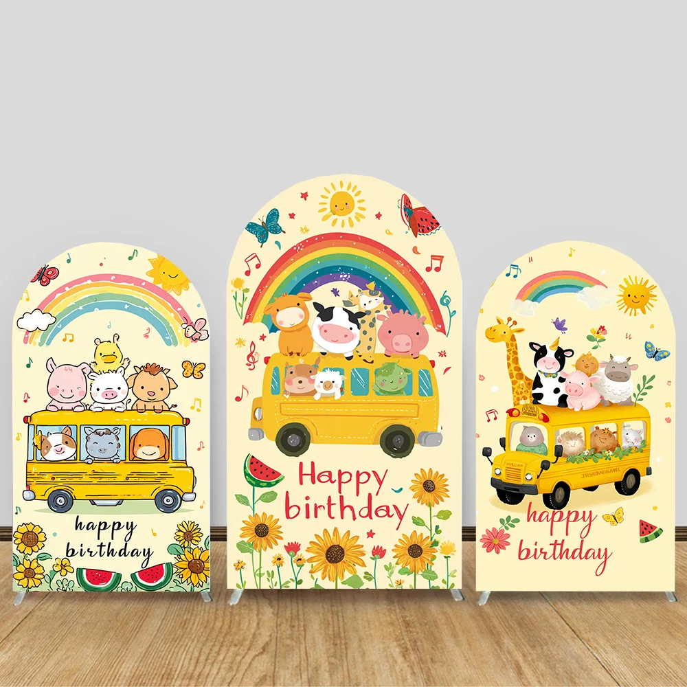 

Flower Retro Arched Backdrop Covers Boho Car Groovy Kids Birthday Party Rainbow Flower Decor 2-sided Background