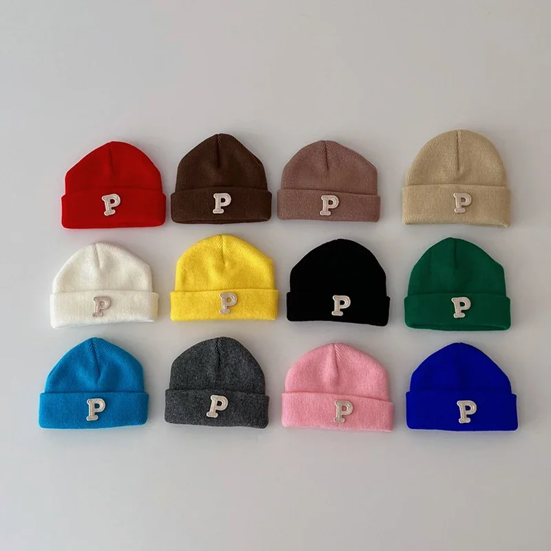 Baby Thermal White Letter P Beanies Caps Autumn Winter Korean Fashion Kids Knit Wool Warm Hats for Newborn Infant Boys Girls