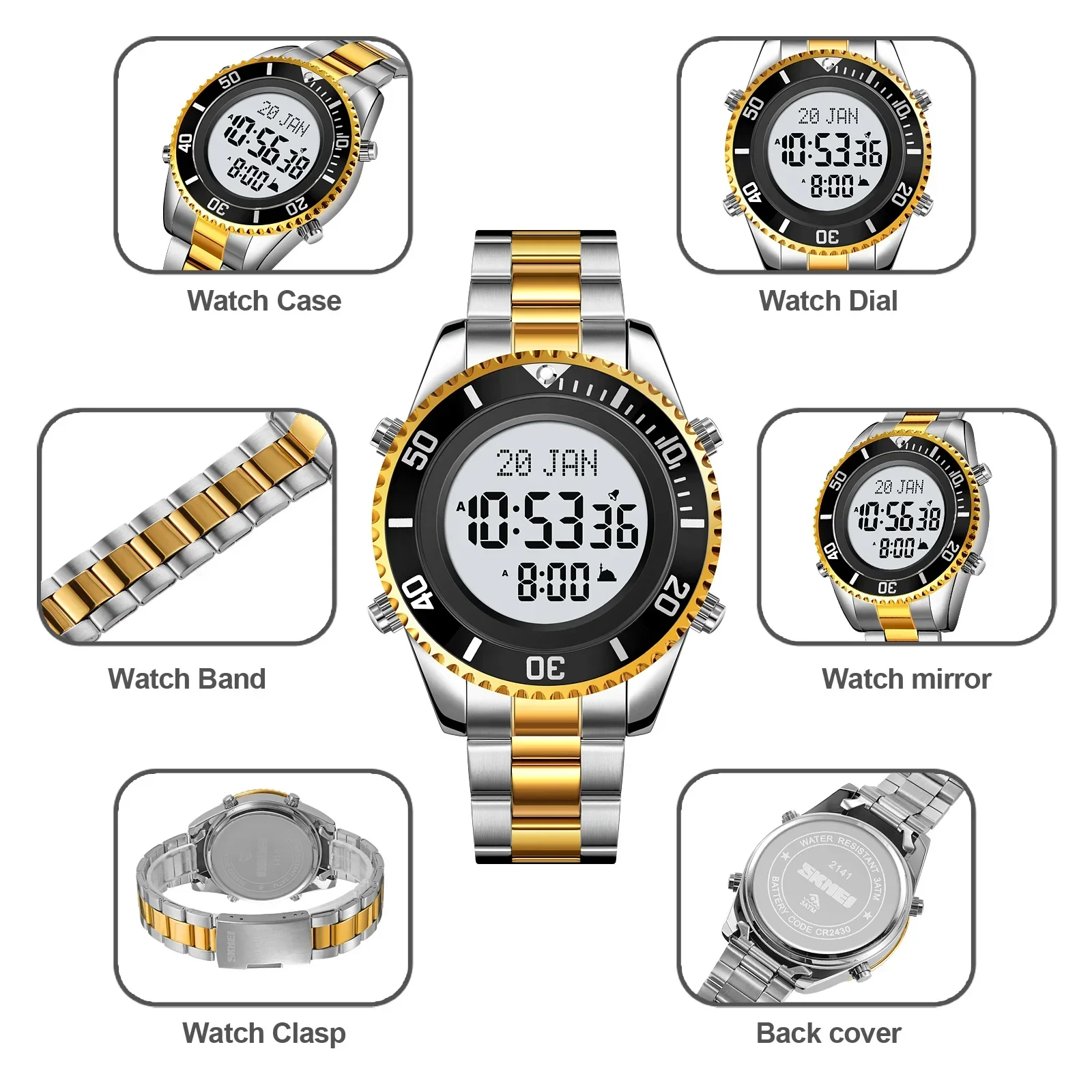 SKMEI Stainless Steel Digital Watch Muslim Azan Prayer Compass Clock Adhan Alarm Hijri Islamic Wristwatch with Back Light 2141