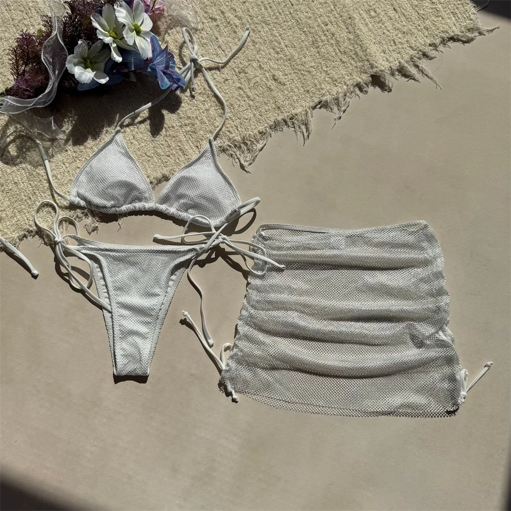 Microbikini con cordón brillante para mujer, traje de baño Sexy con espalda descubierta, traje de baño de malla para cubrir, traje de baño para vacaciones, Bikinis negros de 3 piezas