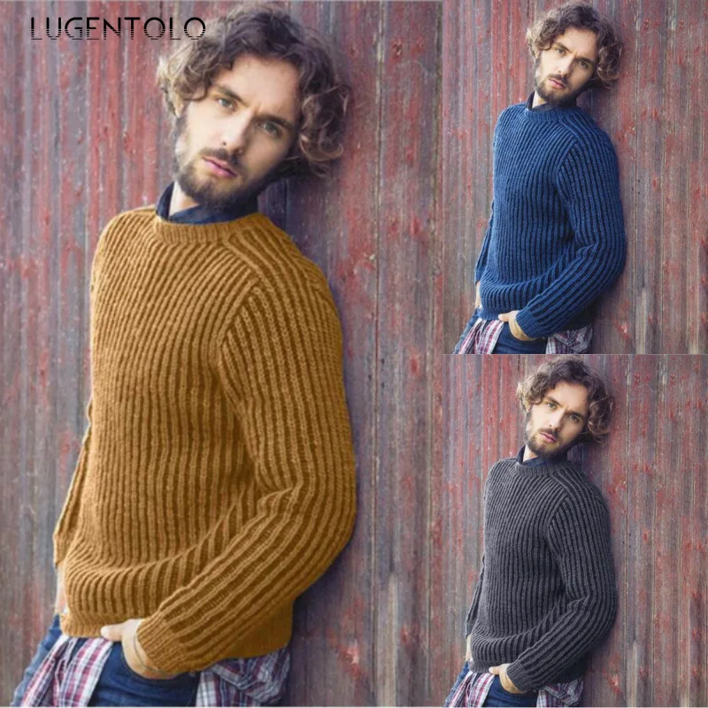 

Men Pullover Sweaters Fall Winter Round Neck Knitted Top Solid Color Vintage Sweater England Style Lugentolo