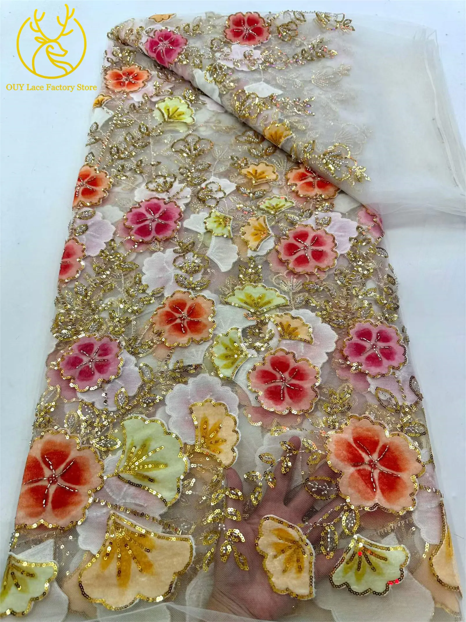 Nigerianischer eleganter Perlen-Blumen-Spitzenstoff, 5 Yards, modischer französischer Spitzenstoff mit goldenen Pailletten für Brautkleider zum Nähen – Detail 9