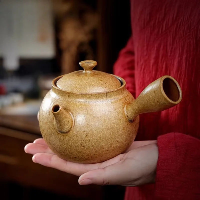 Tetera cerámica gruesa con mango lateral estilo japonés, tetera hecha a mano para el hogar, con filtro la ceremonia del té,350ml