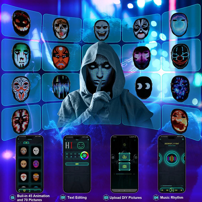 Smart LED Face Masks Programmable Bluetooth App Control Change Face DIY Photoes Display Light up LED Mask for Halloween Party